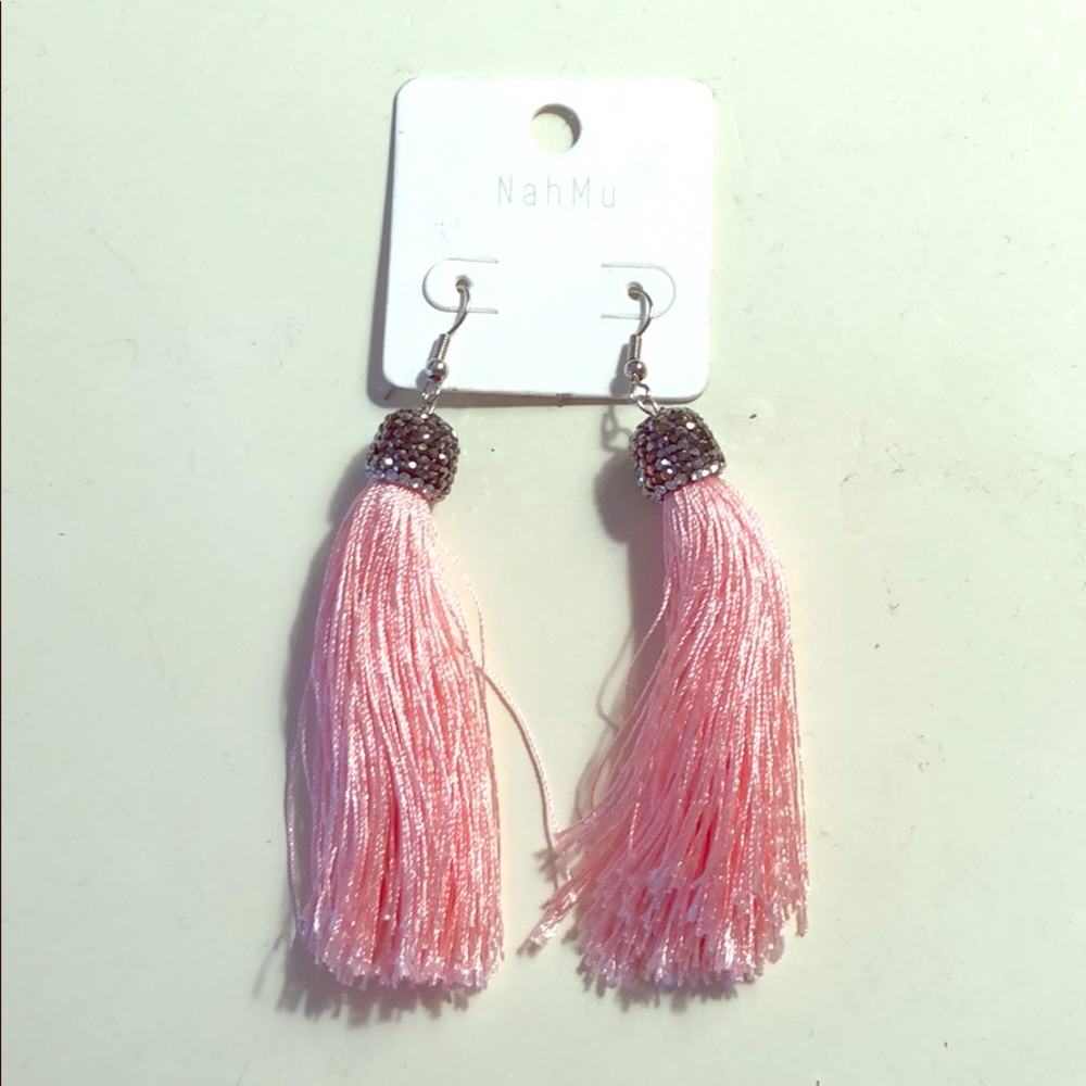 Light pink tassel earrings with rhinestone detail